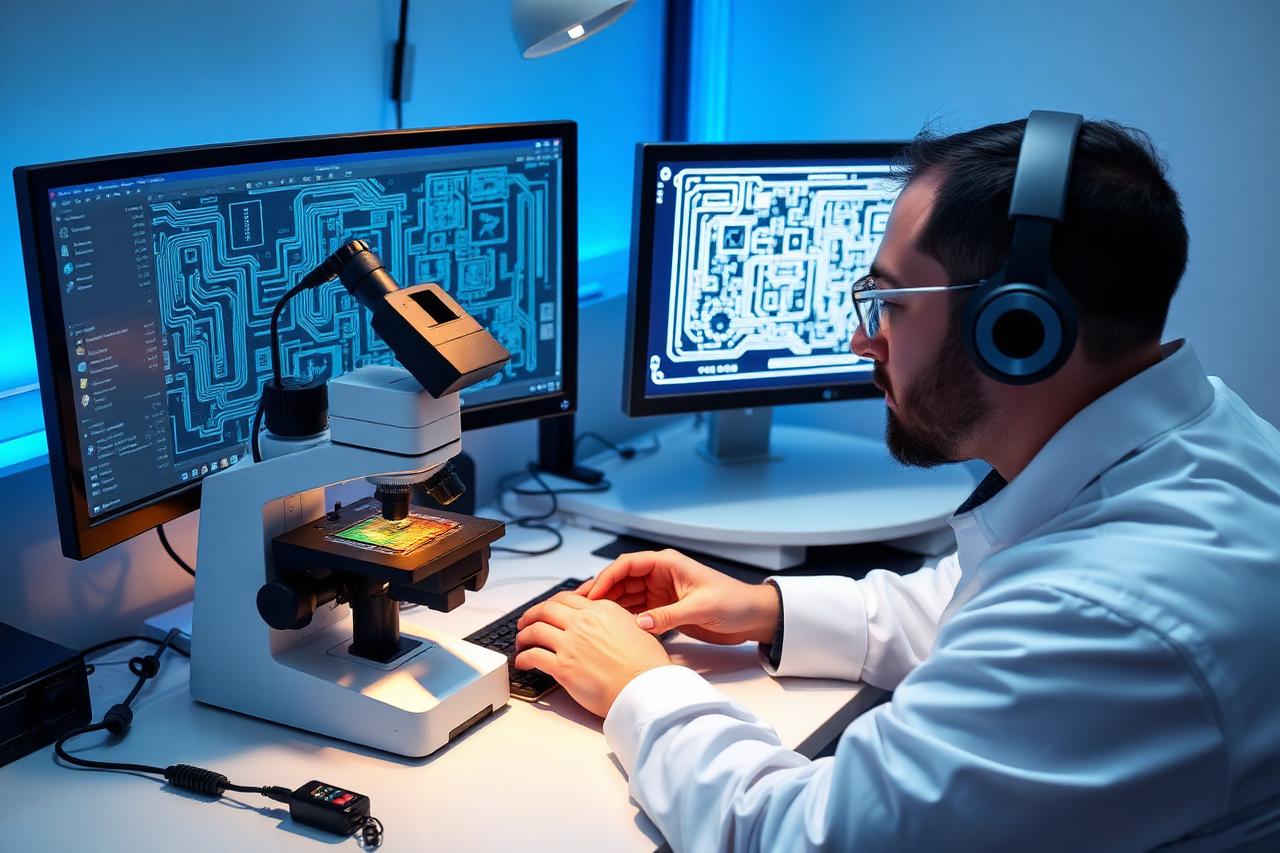 Engineer at an electronics workstation reviewing a customer circuit board