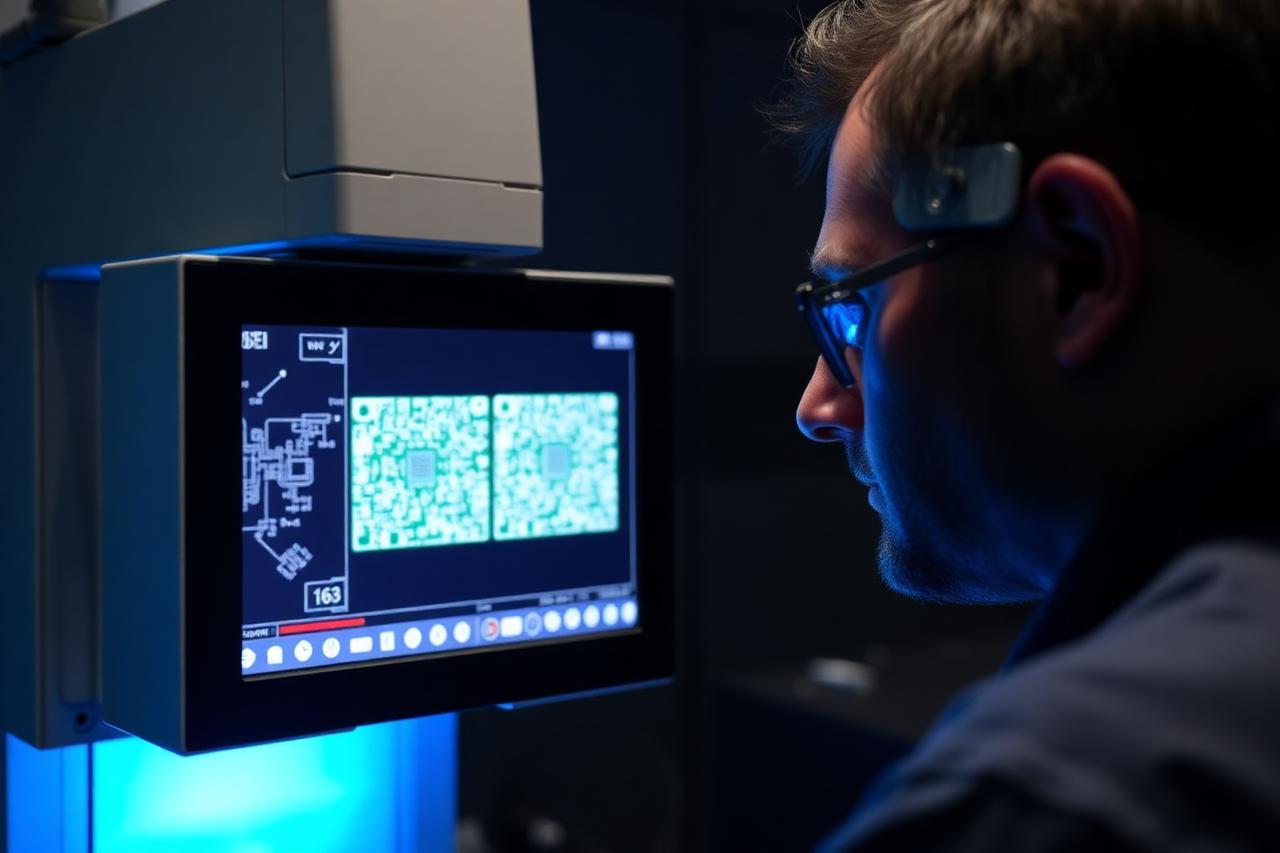 Inspection screen showing magnified solder joints during first-build analysis