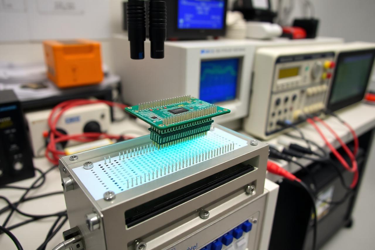 Bed-of-nails in-circuit test fixture with pogo pins and a circuit board positioned above